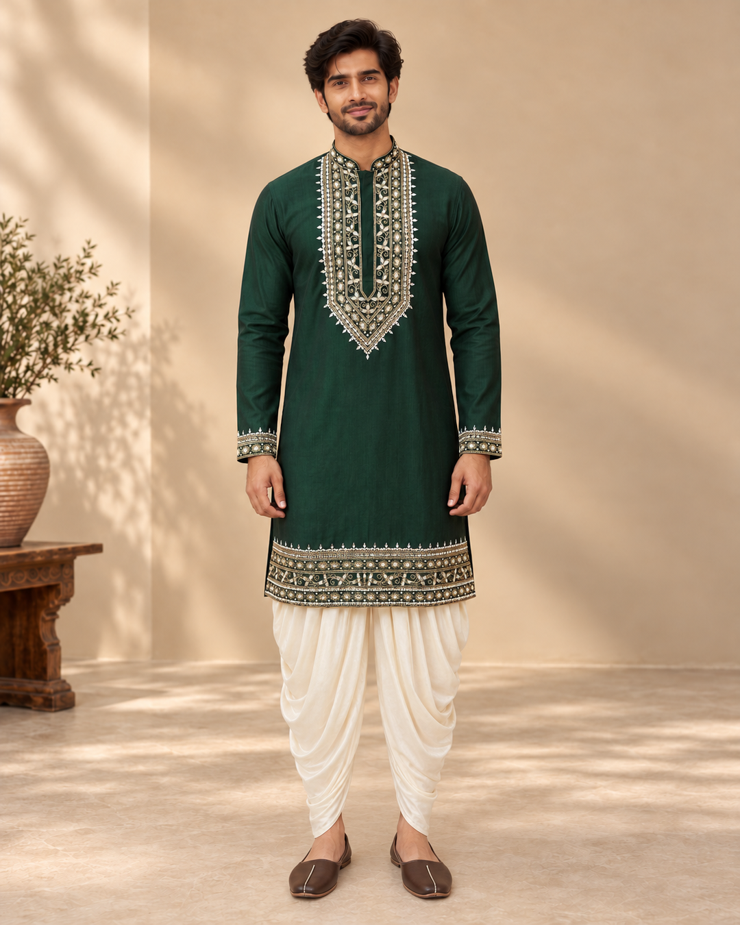 Dark Green Chanderi Silk Embroidered Kurta Patiala Set