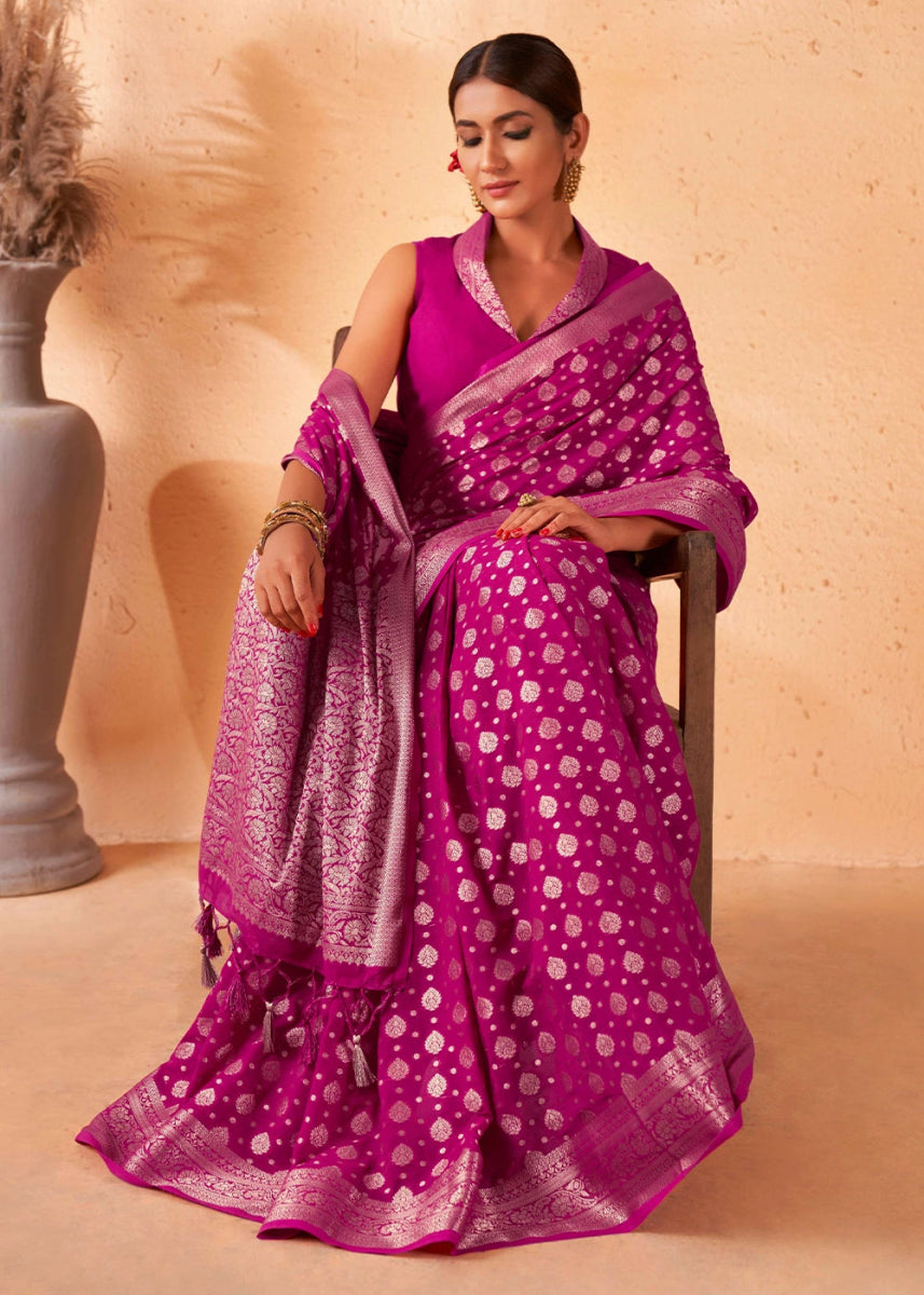 Fandango Purple Banarasi - Style Saree in Georgette Silk with Zari Embellishments - House of Sarvati LLC