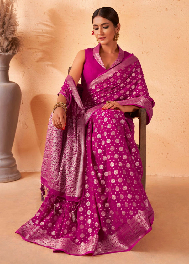 Fandango Purple Banarasi - Style Saree in Georgette Silk with Zari Embellishments - House of Sarvati LLC