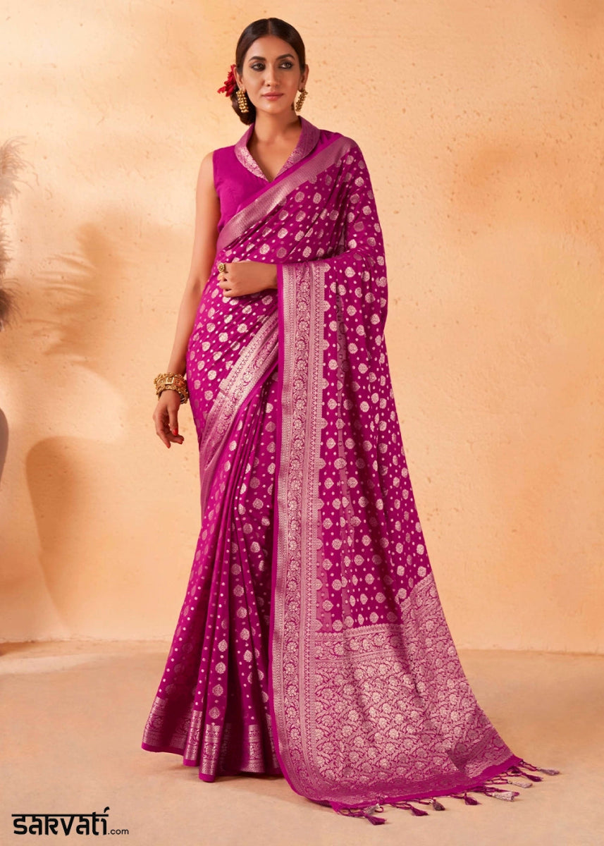 Fandango Purple Banarasi - Style Saree in Georgette Silk with Zari Embellishments - House of Sarvati LLC