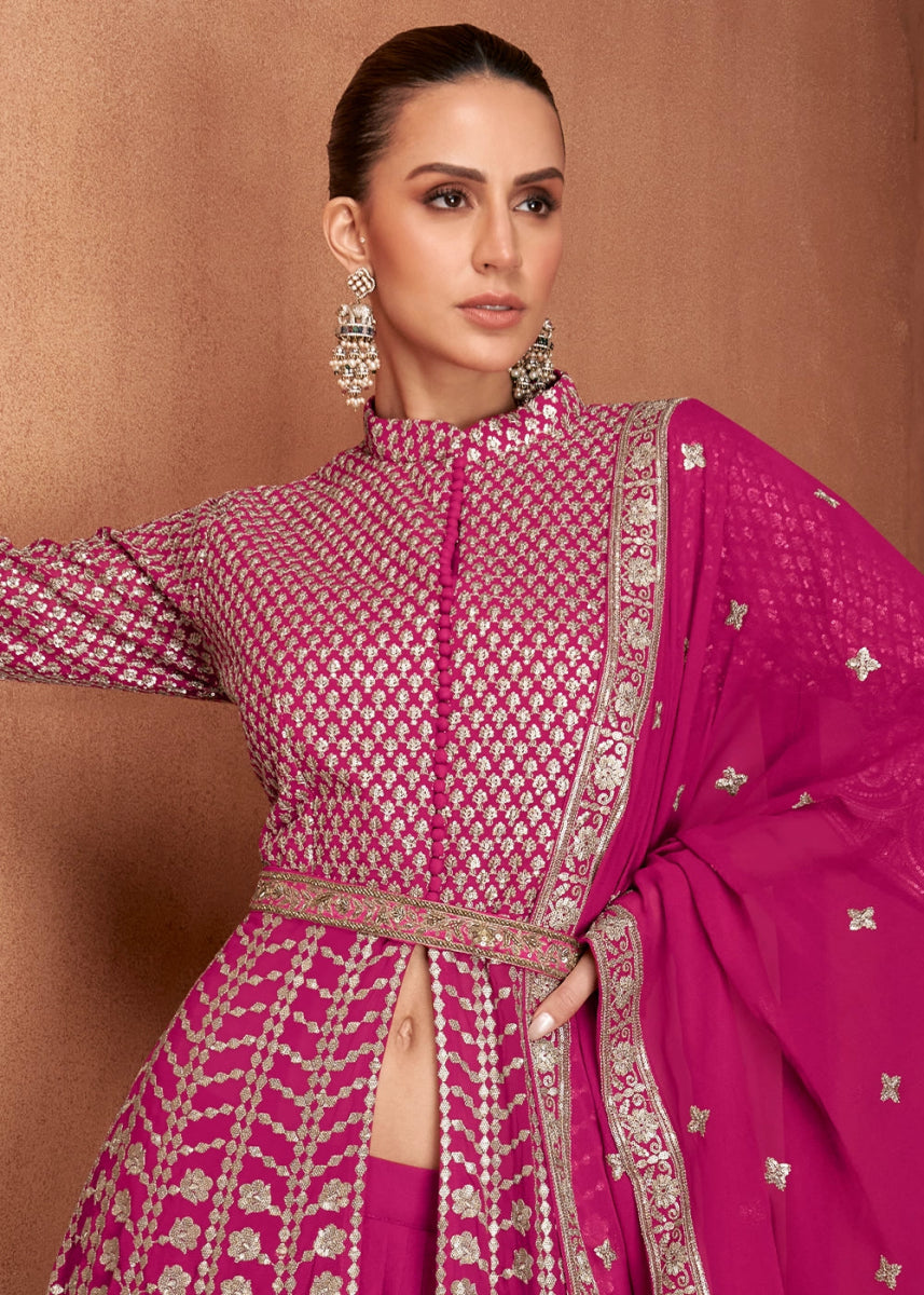Fandango Purple Georgette Skirt Suit with Slit & Embellishments - House of Sarvati LLC