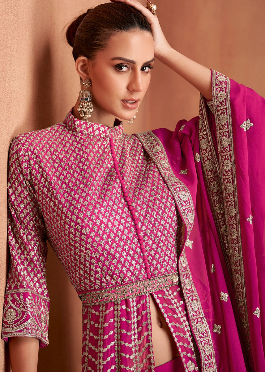 Fandango Purple Georgette Skirt Suit with Slit & Embellishments - House of Sarvati LLC