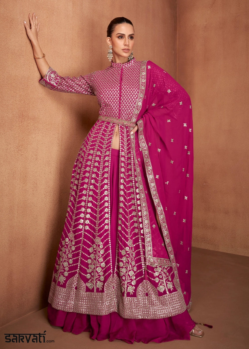 Fandango Purple Georgette Skirt Suit with Slit & Embellishments - House of Sarvati LLC