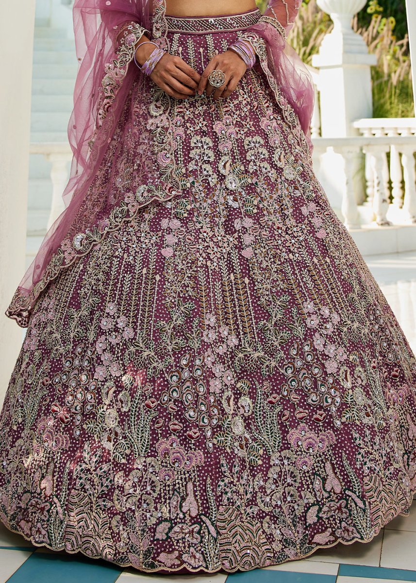Fandango Purple Net Lehenga Choli with Coding & Zarkan Work - House of Sarvati LLC