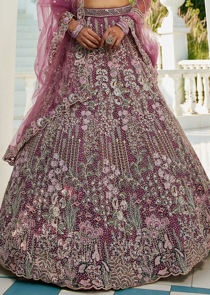 Fandango Purple Net Lehenga Choli with Coding & Zarkan Work - House of Sarvati LLC