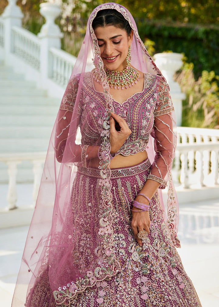Fandango Purple Net Lehenga Choli with Coding & Zarkan Work - House of Sarvati LLC