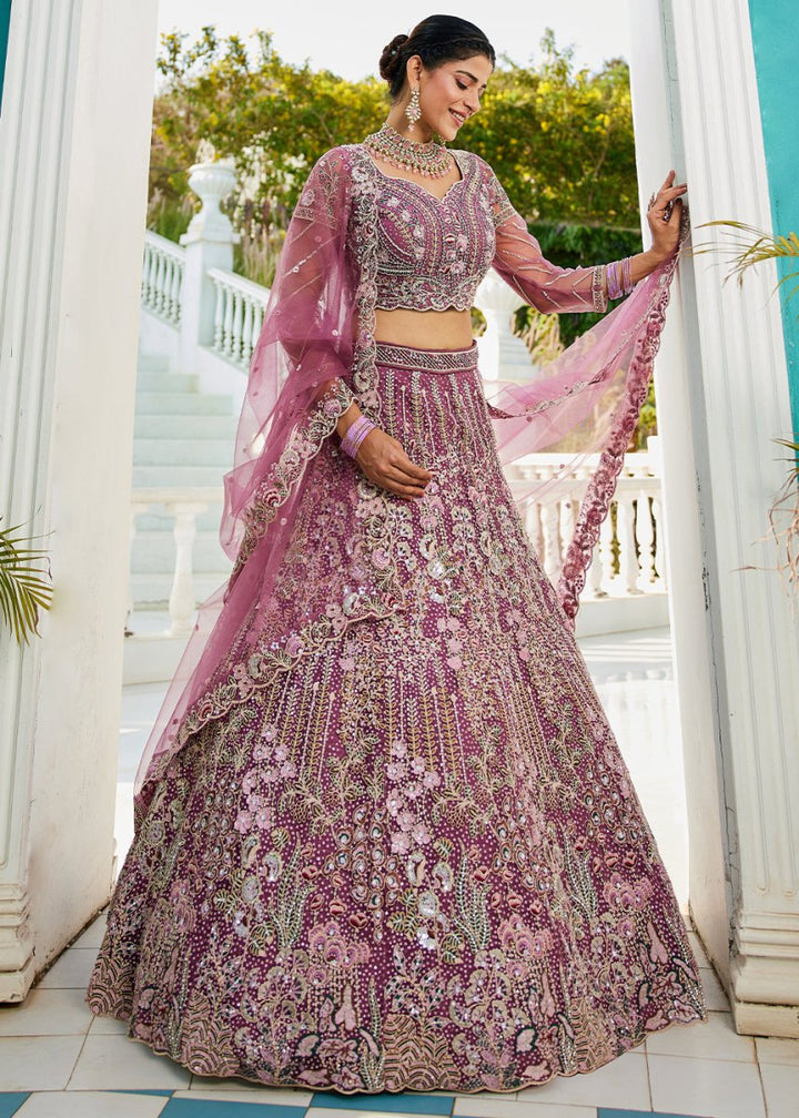 Fandango Purple Net Lehenga Choli with Coding & Zarkan Work - House of Sarvati LLC