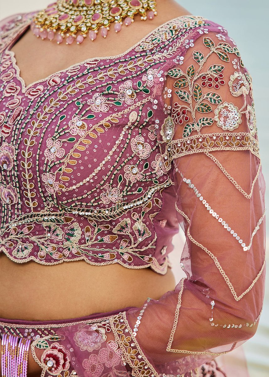 Fandango Purple Net Lehenga Choli with Coding & Zarkan Work - House of Sarvati LLC