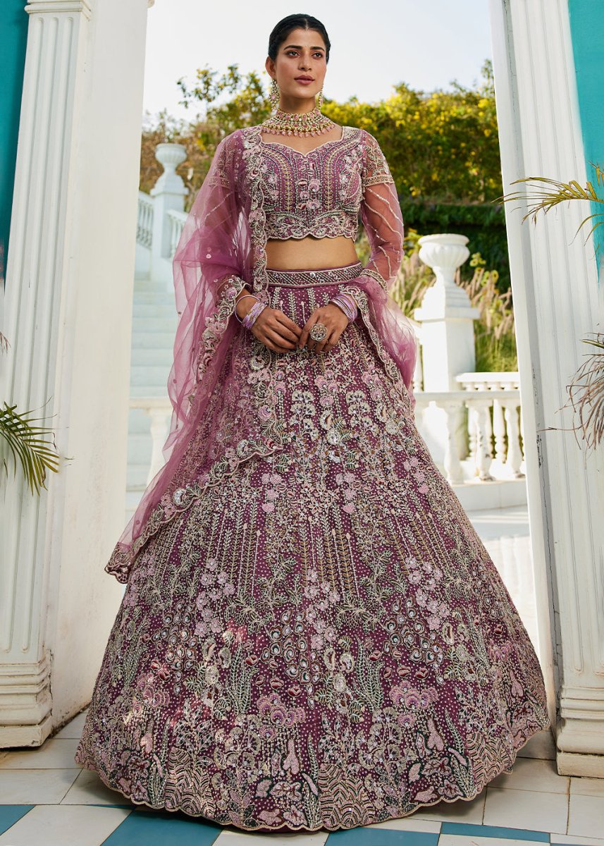 Fandango Purple Net Lehenga Choli with Coding & Zarkan Work - House of Sarvati LLC