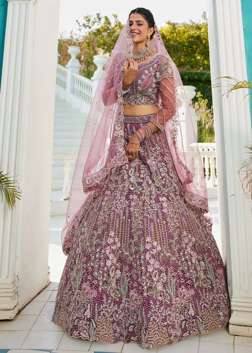 Fandango Purple Net Lehenga Choli with Coding & Zarkan Work - House of Sarvati LLC