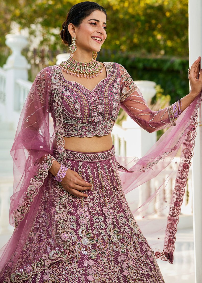Fandango Purple Net Lehenga Choli with Coding & Zarkan Work - House of Sarvati LLC