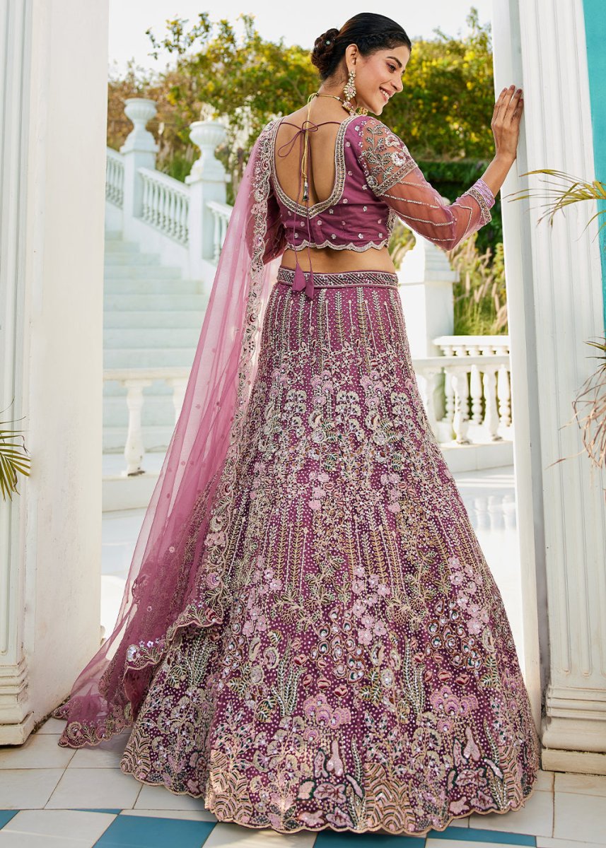 Fandango Purple Net Lehenga Choli with Coding & Zarkan Work - House of Sarvati LLC