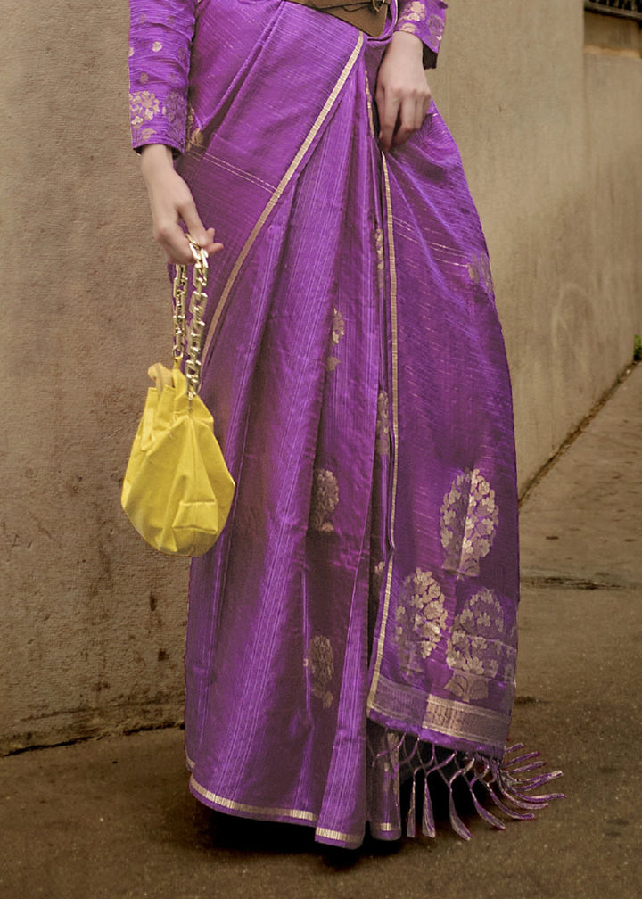 Fandango Purple Zari Woven Saree In Soft Satin Silk With Luxe Finish - House of Sarvati LLC