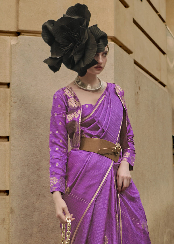 Fandango Purple Zari Woven Saree In Soft Satin Silk With Luxe Finish - House of Sarvati LLC