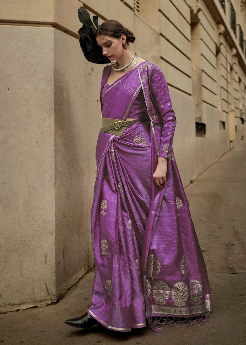 Fandango Purple Zari Woven Saree In Soft Satin Silk With Luxe Finish - House of Sarvati LLC