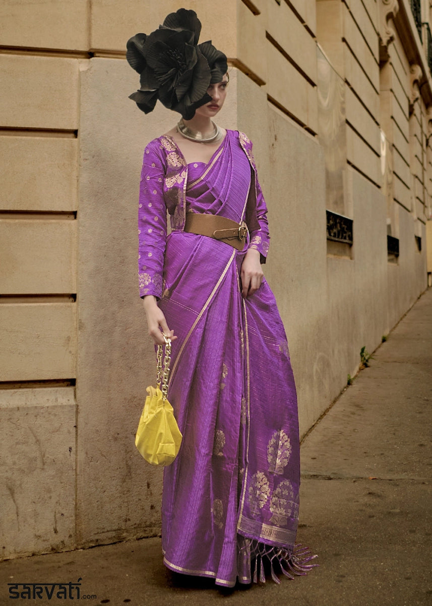 Fandango Purple Zari Woven Saree In Soft Satin Silk With Luxe Finish - House of Sarvati LLC