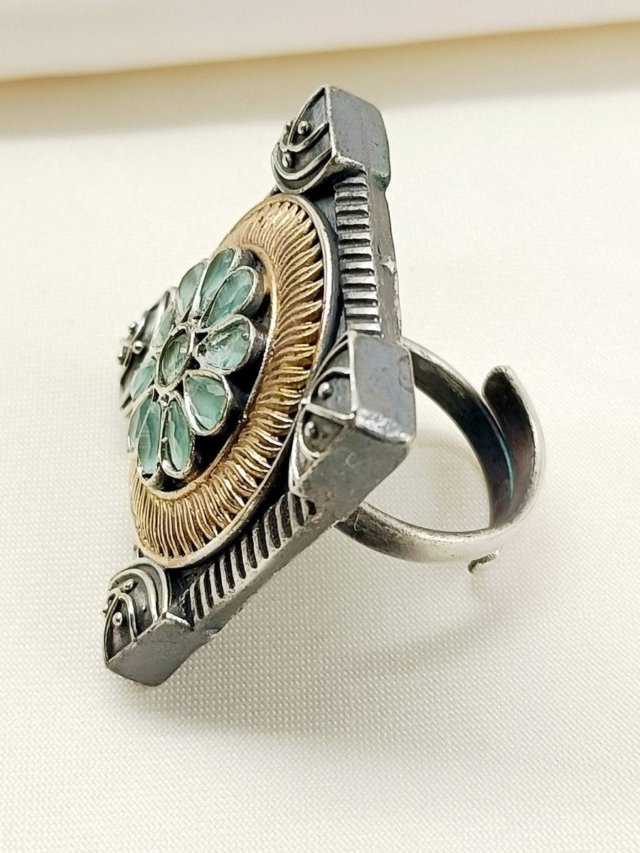 Farida Mint Green Oxidized Finger Ring - House of Sarvati LLC