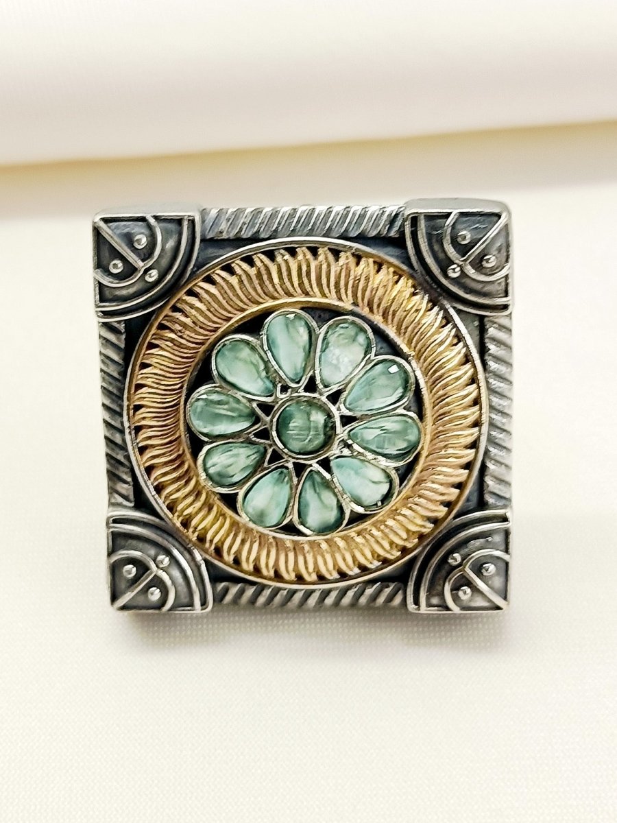 Farida Mint Green Oxidized Finger Ring - House of Sarvati LLC