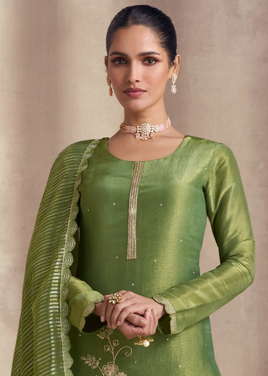 Fern Green Simar Silk Suit with Exquisite Embroidery - House of Sarvati LLC