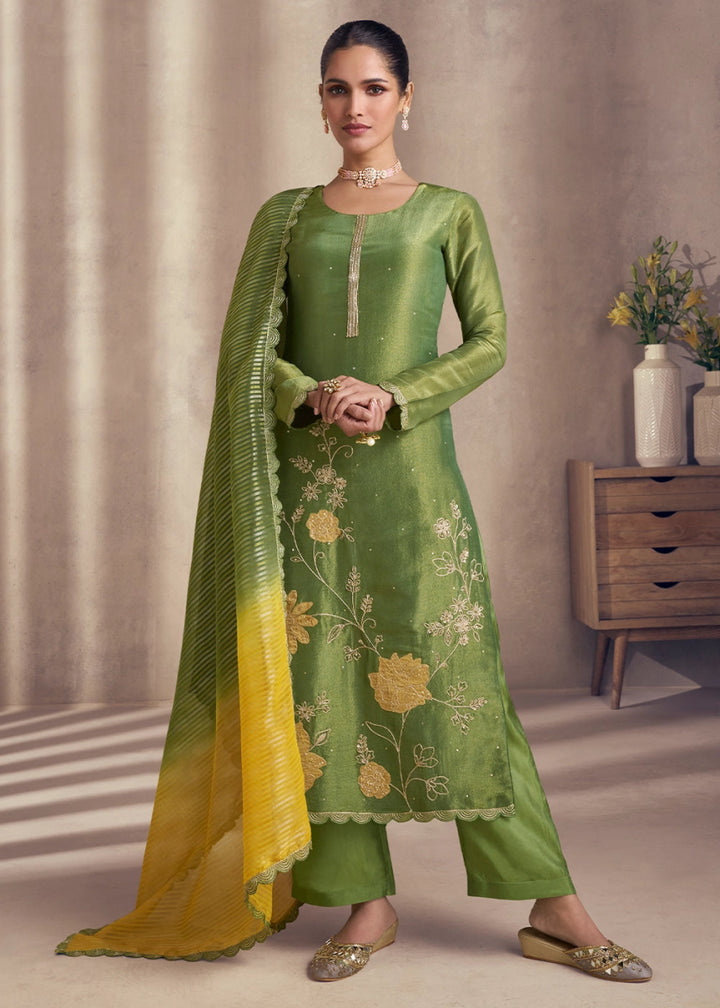 Fern Green Simar Silk Suit with Exquisite Embroidery - House of Sarvati LLC