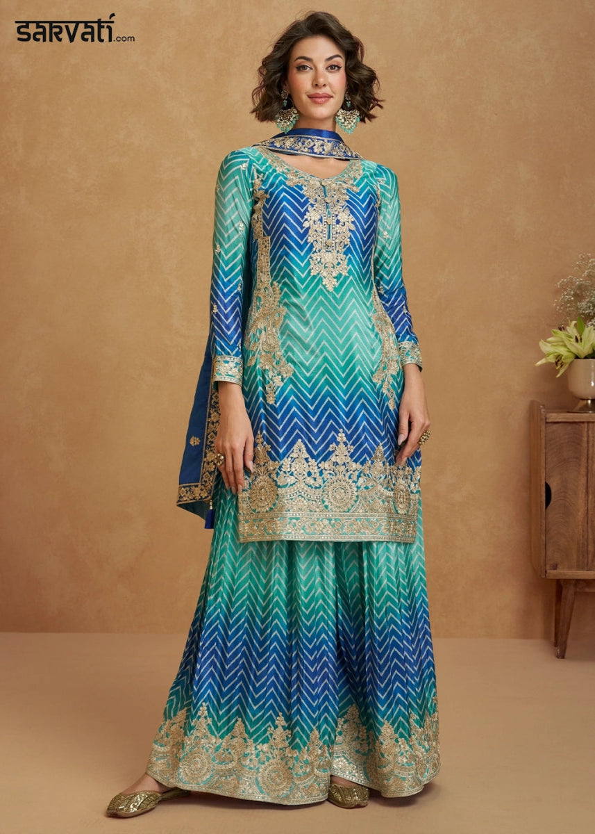 Festive Shades of Blue Palazzo Suit with Exquisite Embroidery - House of Sarvati LLC