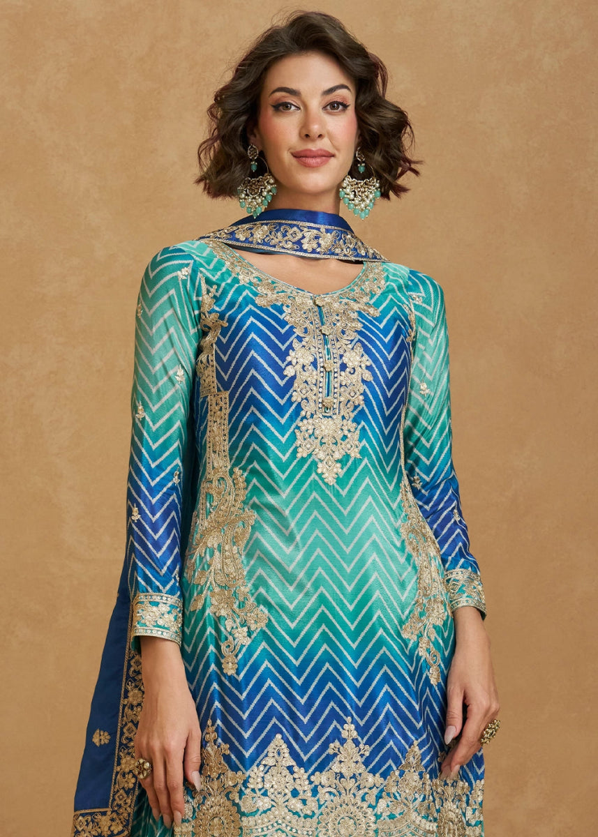 Festive Shades of Blue Palazzo Suit with Exquisite Embroidery - House of Sarvati LLC