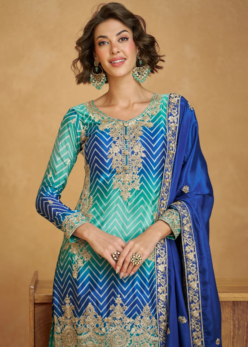 Festive Shades of Blue Palazzo Suit with Exquisite Embroidery - House of Sarvati LLC