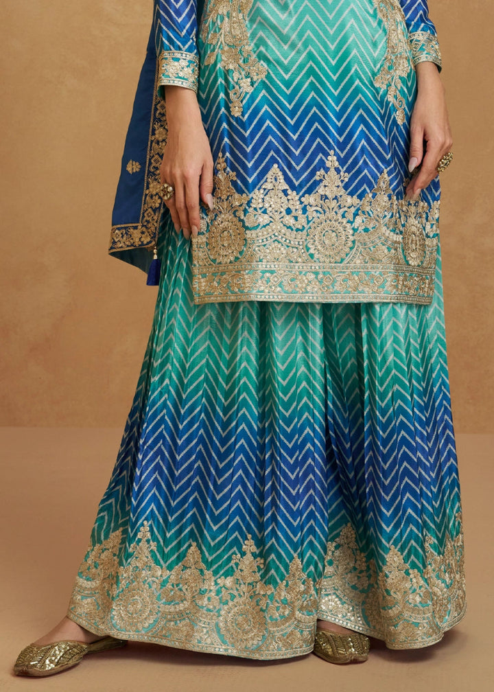 Festive Shades of Blue Palazzo Suit with Exquisite Embroidery - House of Sarvati LLC