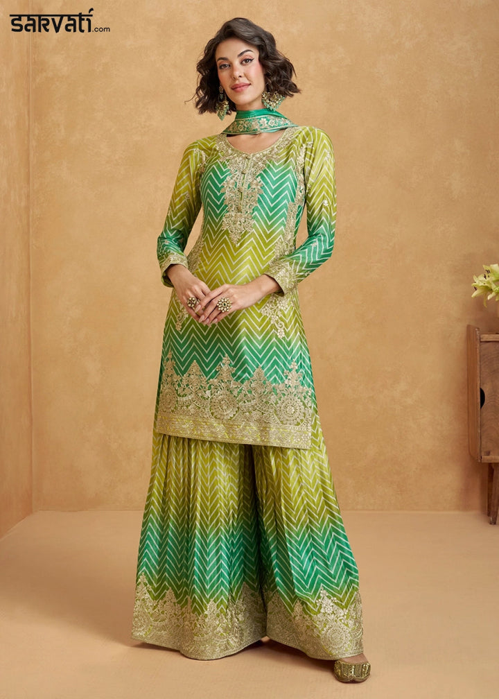 Festive Shades of Green Palazzo Suit with Exquisite Embroidery - House of Sarvati LLC