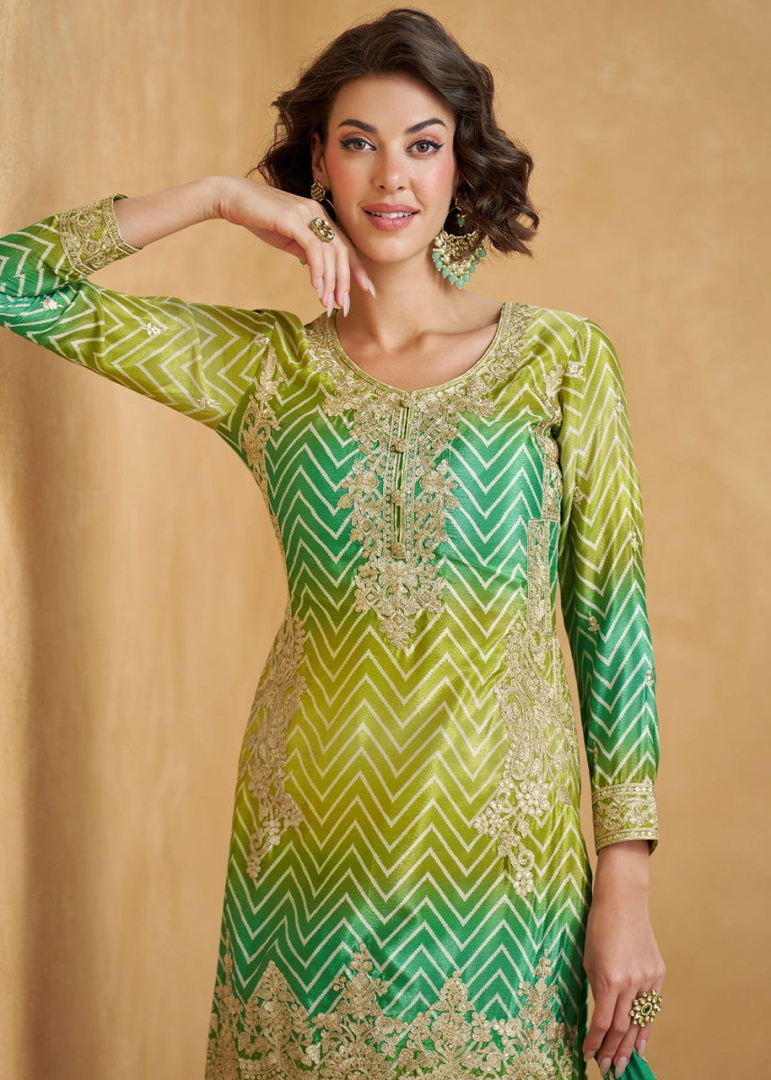 Festive Shades of Green Palazzo Suit with Exquisite Embroidery - House of Sarvati LLC