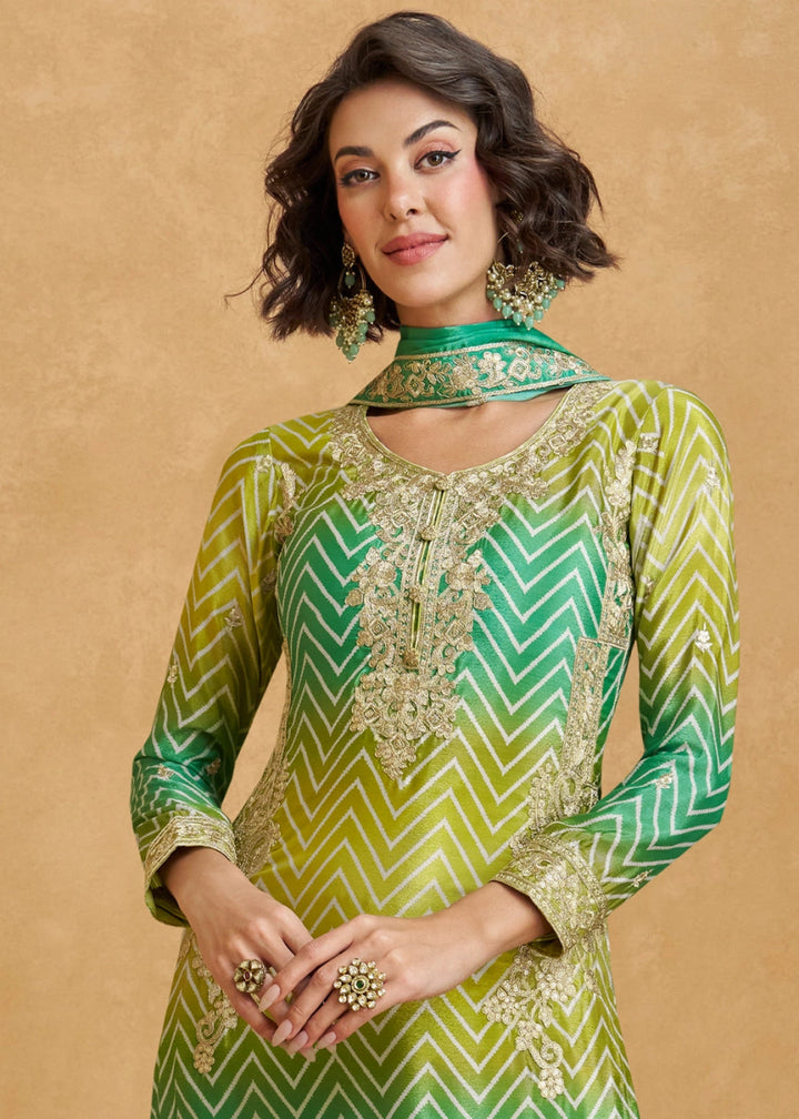 Festive Shades of Green Palazzo Suit with Exquisite Embroidery - House of Sarvati LLC