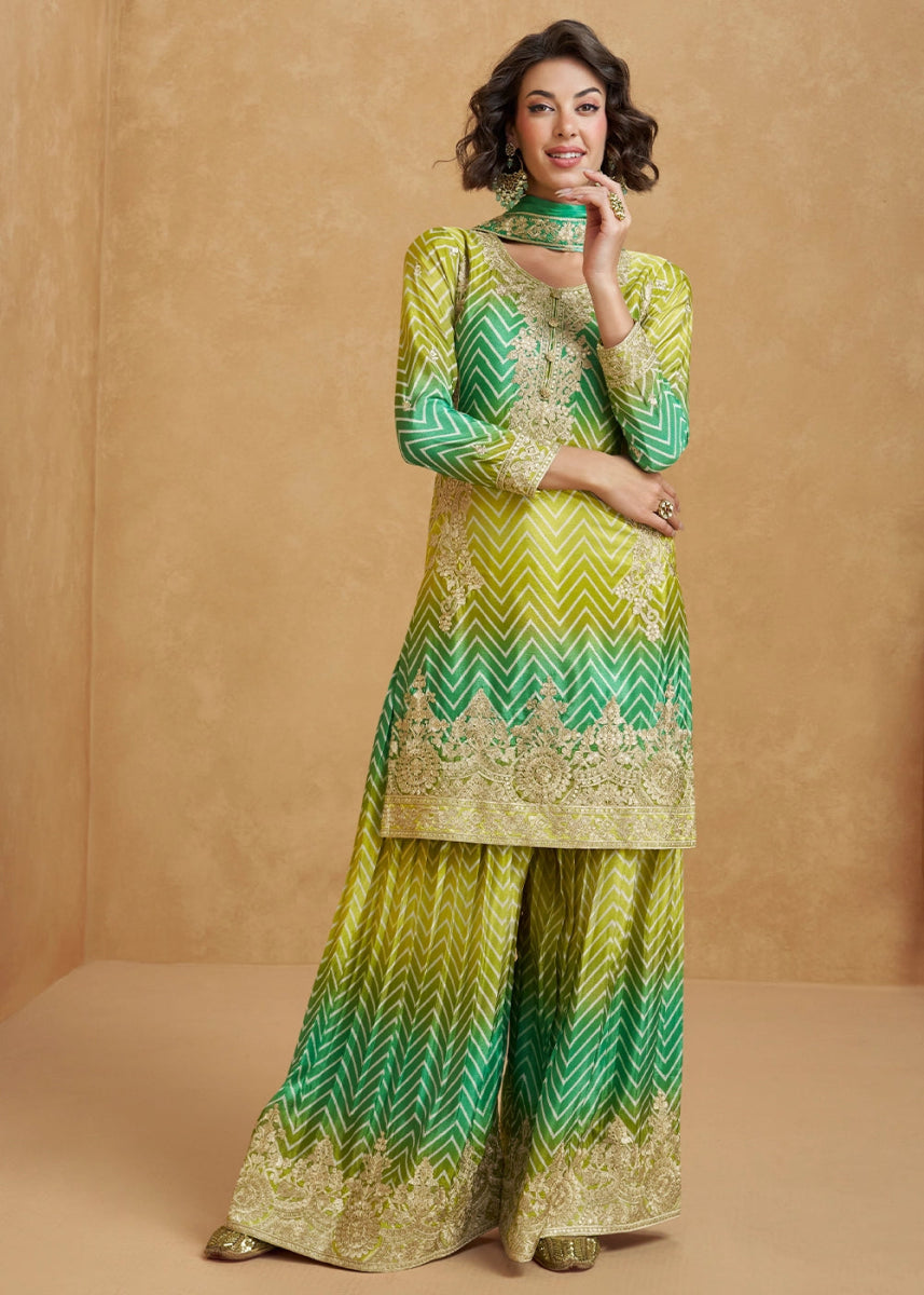 Festive Shades of Green Palazzo Suit with Exquisite Embroidery - House of Sarvati LLC