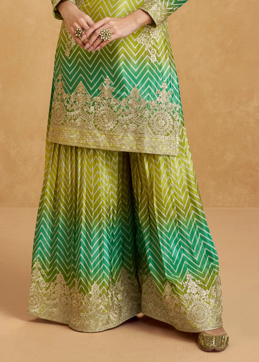 Festive Shades of Green Palazzo Suit with Exquisite Embroidery - House of Sarvati LLC