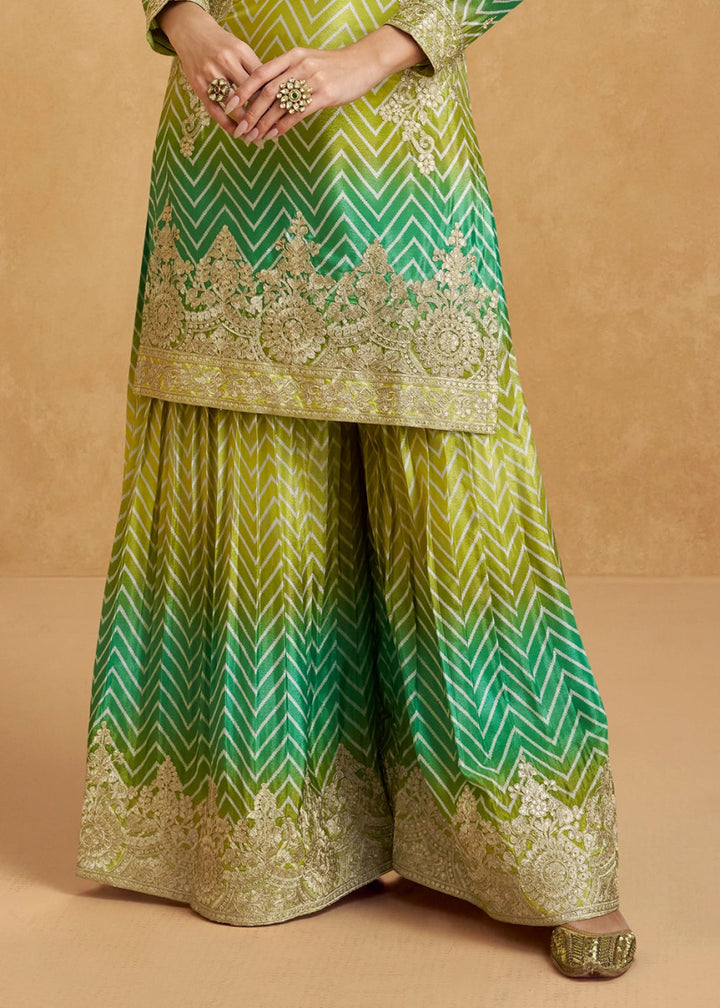 Festive Shades of Green Palazzo Suit with Exquisite Embroidery - House of Sarvati LLC