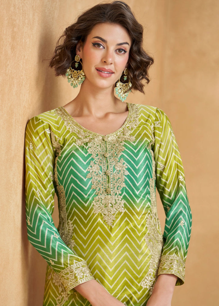 Festive Shades of Green Palazzo Suit with Exquisite Embroidery - House of Sarvati LLC
