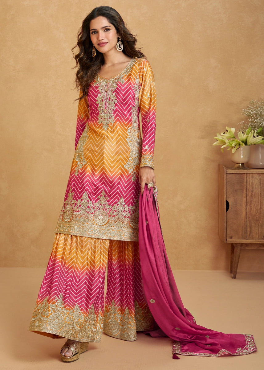 Festive Shades of Pink & Brown Palazzo Suit with Exquisite Embroidery - House of Sarvati LLC
