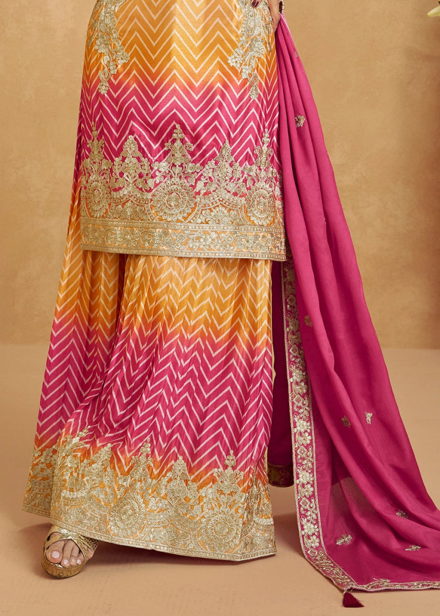 Festive Shades of Pink & Brown Palazzo Suit with Exquisite Embroidery - House of Sarvati LLC