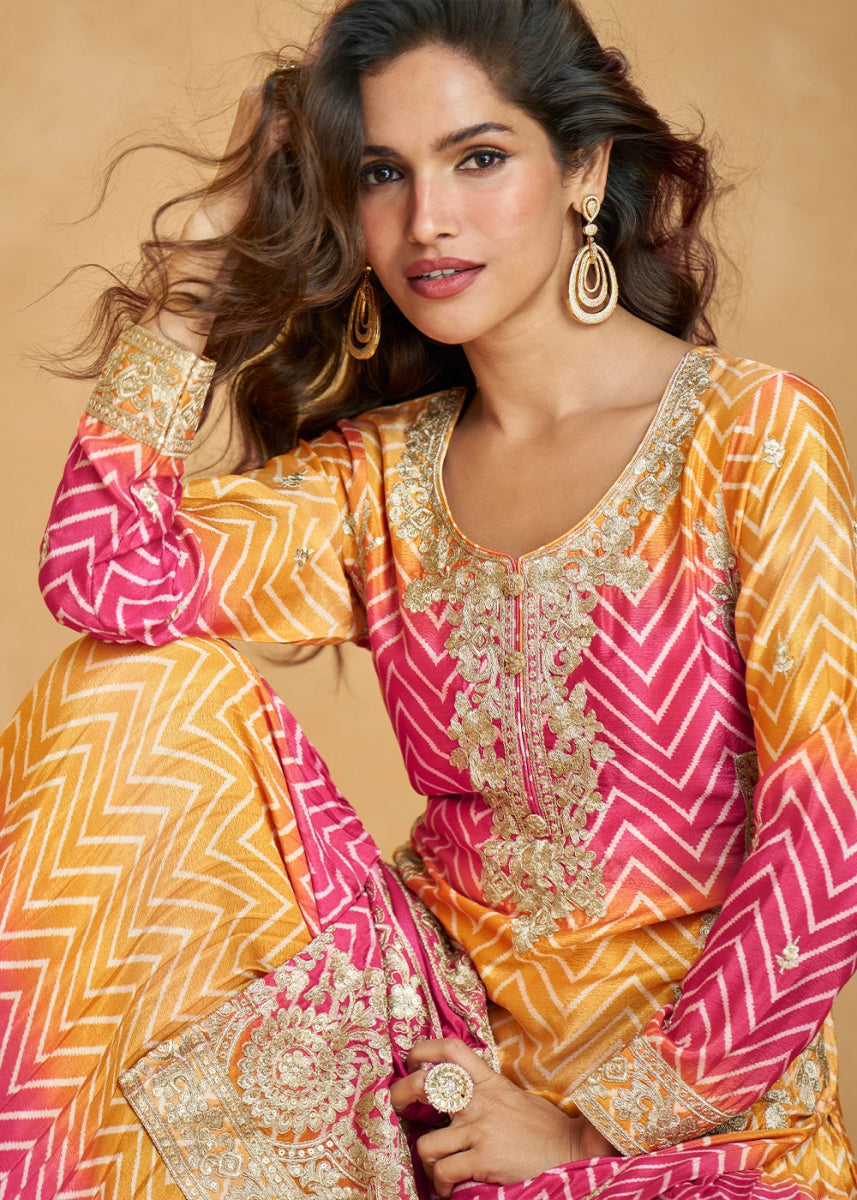 Festive Shades of Pink & Brown Palazzo Suit with Exquisite Embroidery - House of Sarvati LLC