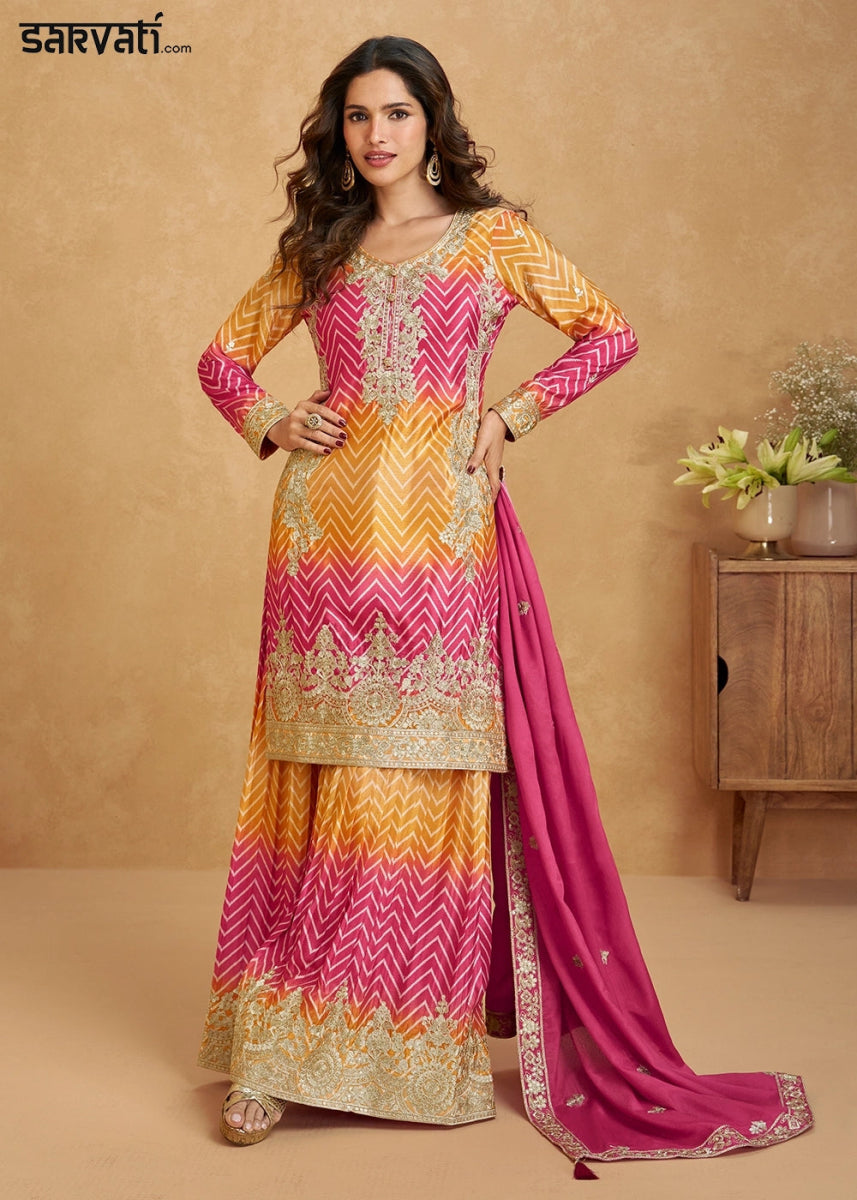 Festive Shades of Pink & Brown Palazzo Suit with Exquisite Embroidery - House of Sarvati LLC