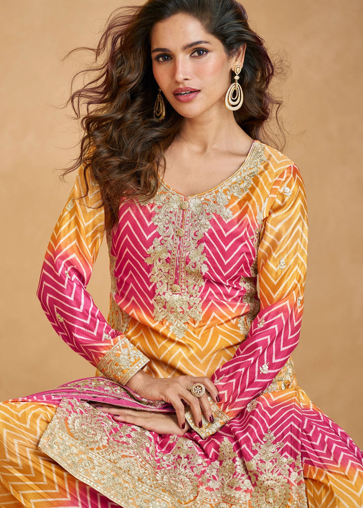 Festive Shades of Pink & Brown Palazzo Suit with Exquisite Embroidery - House of Sarvati LLC