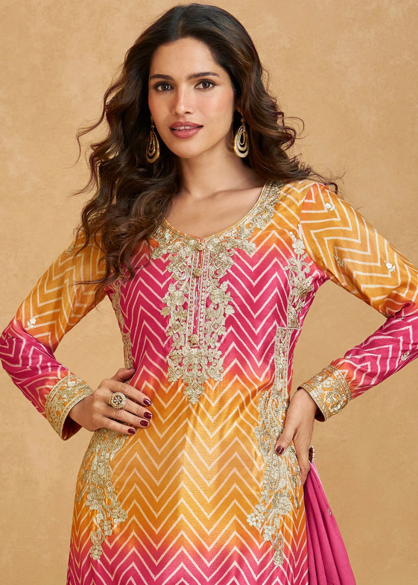 Festive Shades of Pink & Brown Palazzo Suit with Exquisite Embroidery - House of Sarvati LLC