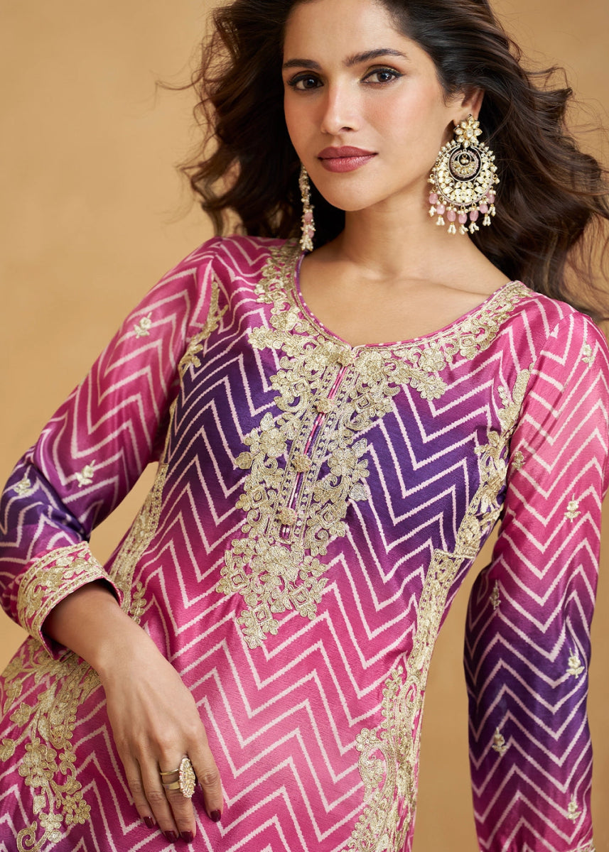 Festive Shades of Purple Palazzo Suit with Exquisite Embroidery - House of Sarvati LLC