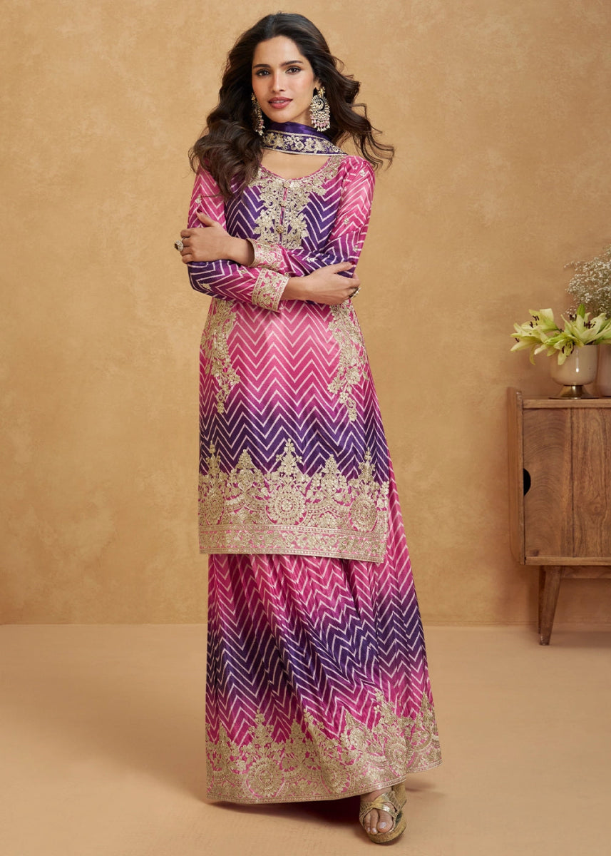 Festive Shades of Purple Palazzo Suit with Exquisite Embroidery - House of Sarvati LLC