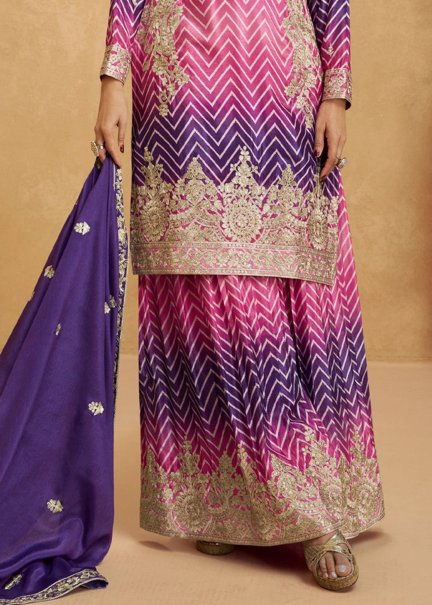 Festive Shades of Purple Palazzo Suit with Exquisite Embroidery - House of Sarvati LLC