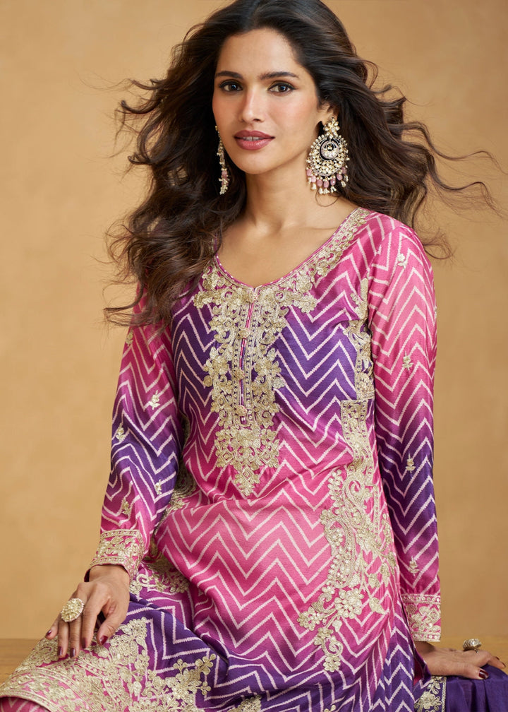 Festive Shades of Purple Palazzo Suit with Exquisite Embroidery - House of Sarvati LLC