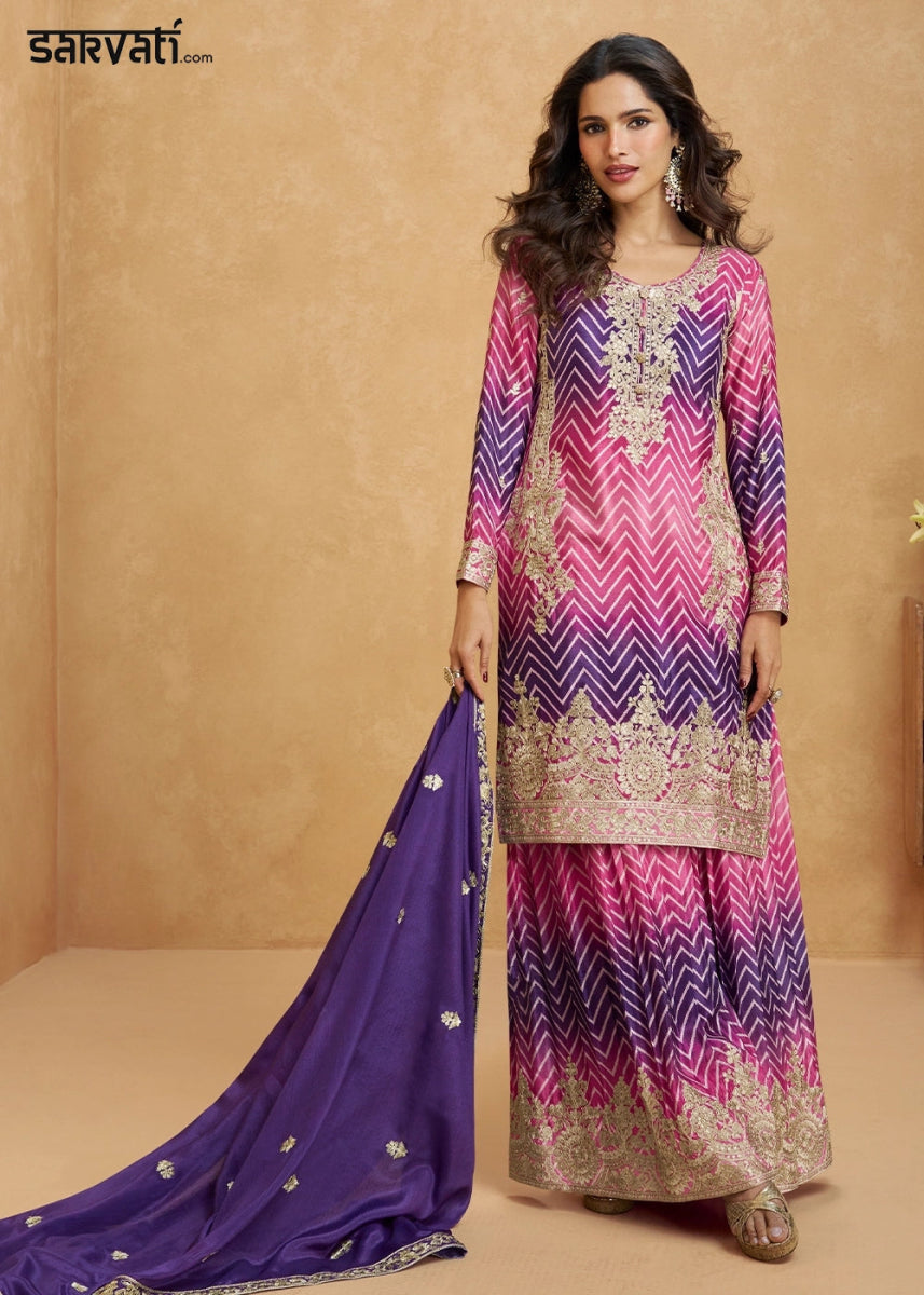 Festive Shades of Purple Palazzo Suit with Exquisite Embroidery - House of Sarvati LLC