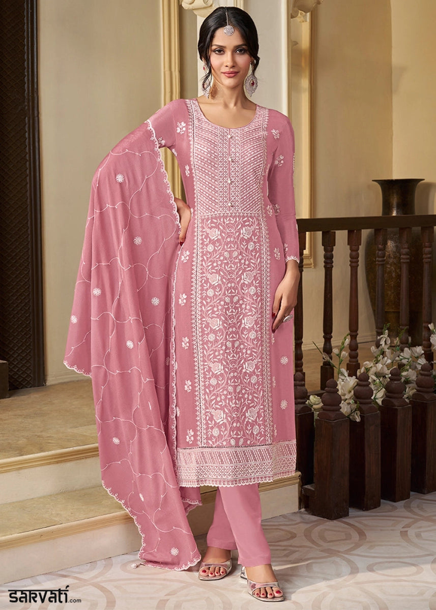 Flamingo Pink Chinon Silk Suit with Intricate White Thread & Sequin Embroidery - House of Sarvati LLC