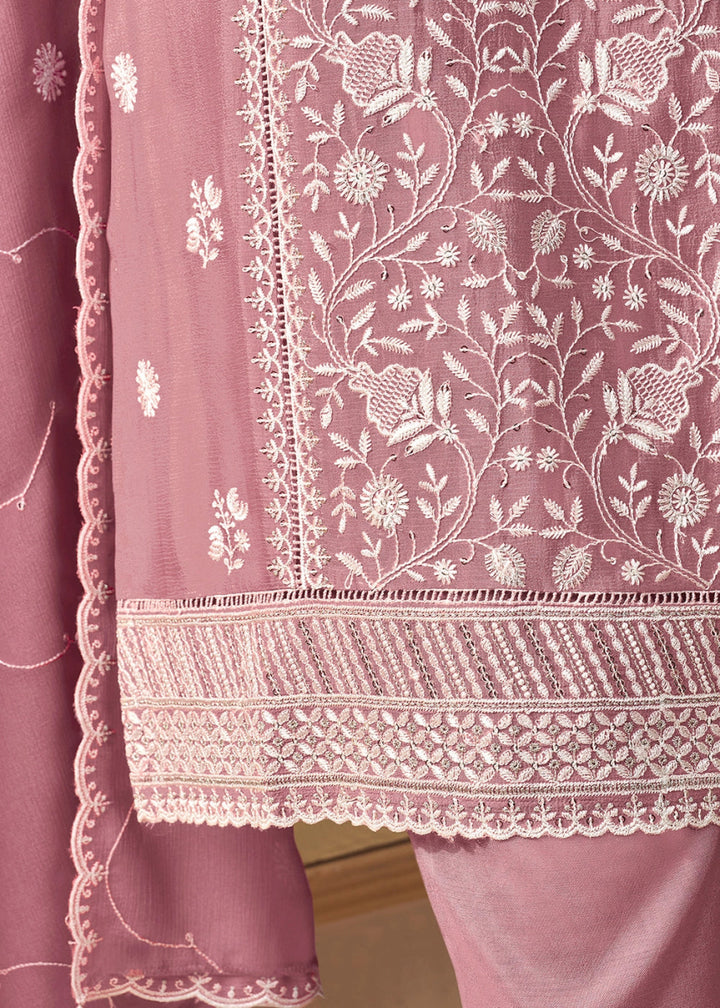 Flamingo Pink Chinon Silk Suit with Intricate White Thread & Sequin Embroidery - House of Sarvati LLC