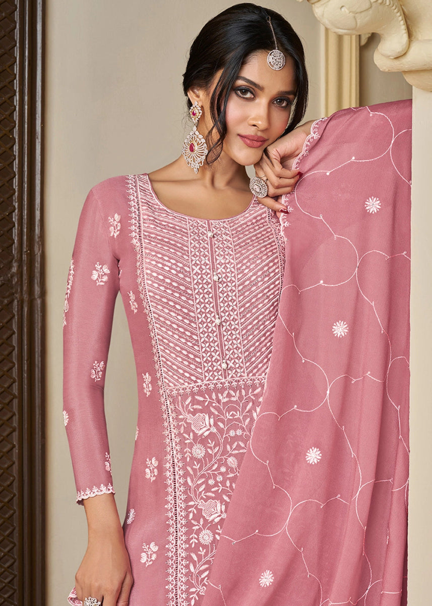 Flamingo Pink Chinon Silk Suit with Intricate White Thread & Sequin Embroidery - House of Sarvati LLC