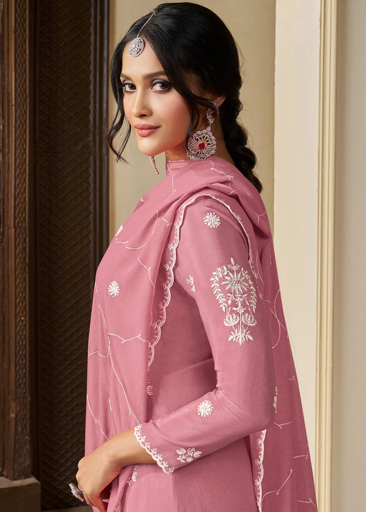 Flamingo Pink Chinon Silk Suit with Intricate White Thread & Sequin Embroidery - House of Sarvati LLC